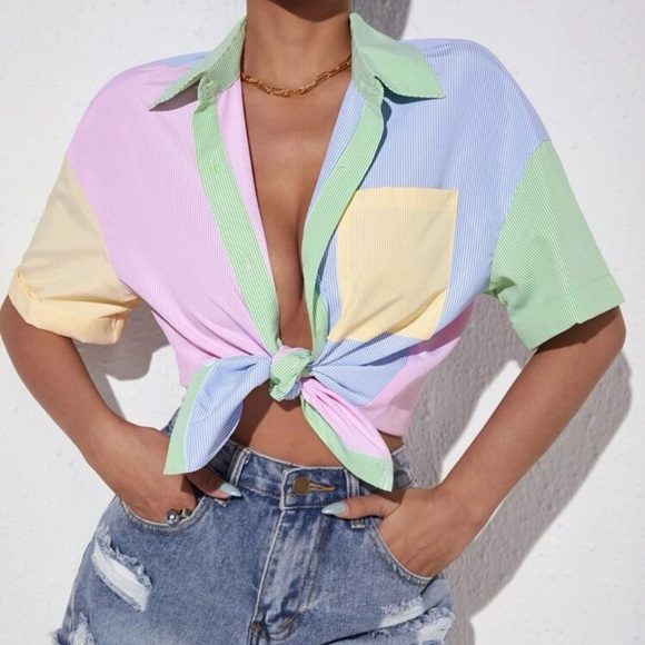 BRAND NEW! Striped Colorblock Drop Shoulder Patch Pocket Shirt; Medium/6 - Picture 5 of 6